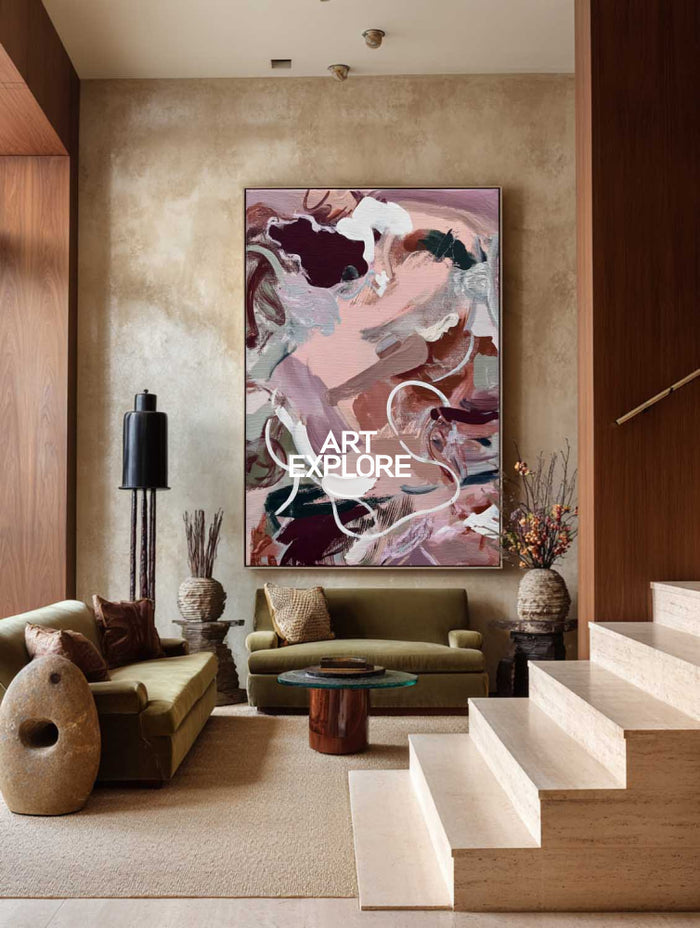 Modern Pink Abstract Painting Vertical Canvas Wall Art For Contemporary Living Room Decor