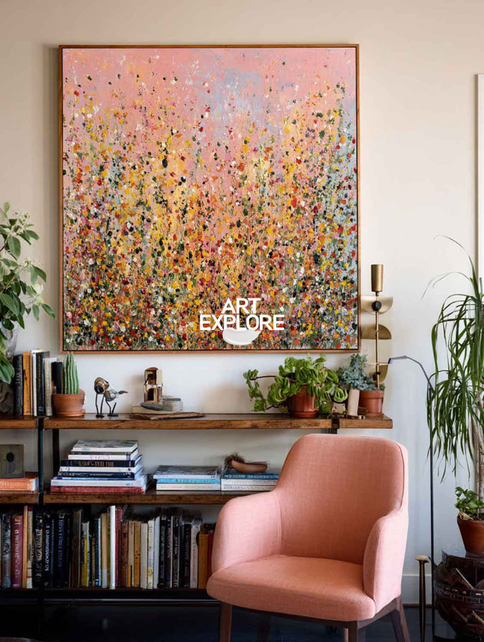 Blushing Garden: Oversized Square Hand-Drawn Floral Wall Decor