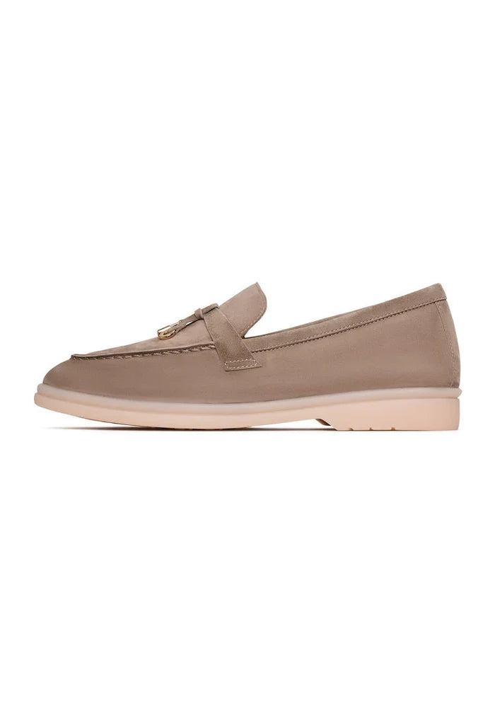 A pair of stylish dark beige Aurelia platform moccasins for women, perfect for fashion-forward individuals looking for trendy and comfortable footwear.