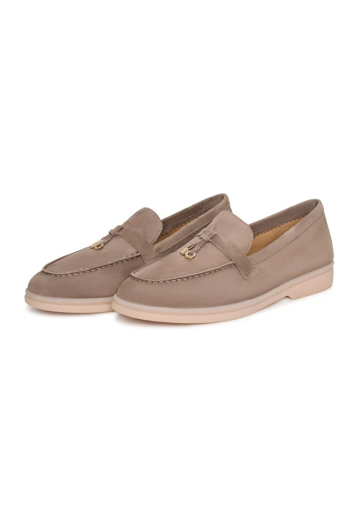 A pair of stylish women's fashion platform moccasins in dark beige by Aurelia shoes.