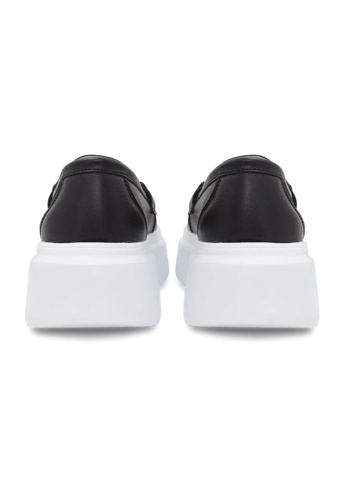A stylish pair of black slip-on platform loafers, perfect for women looking for fashionable footwear.
