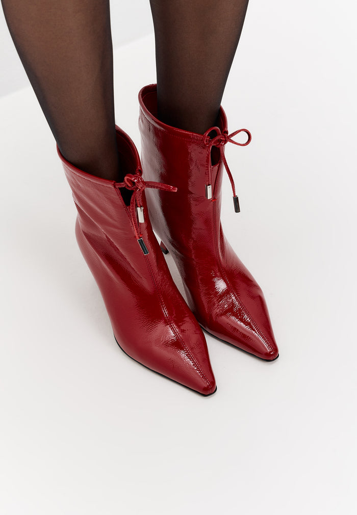Pointed Toe Kitten Ankle Boots – Patent Red