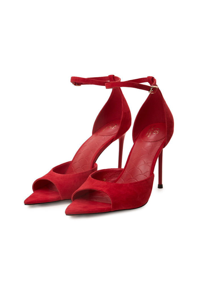 Pointed-Toe Stiletto Sandals – Suede Red