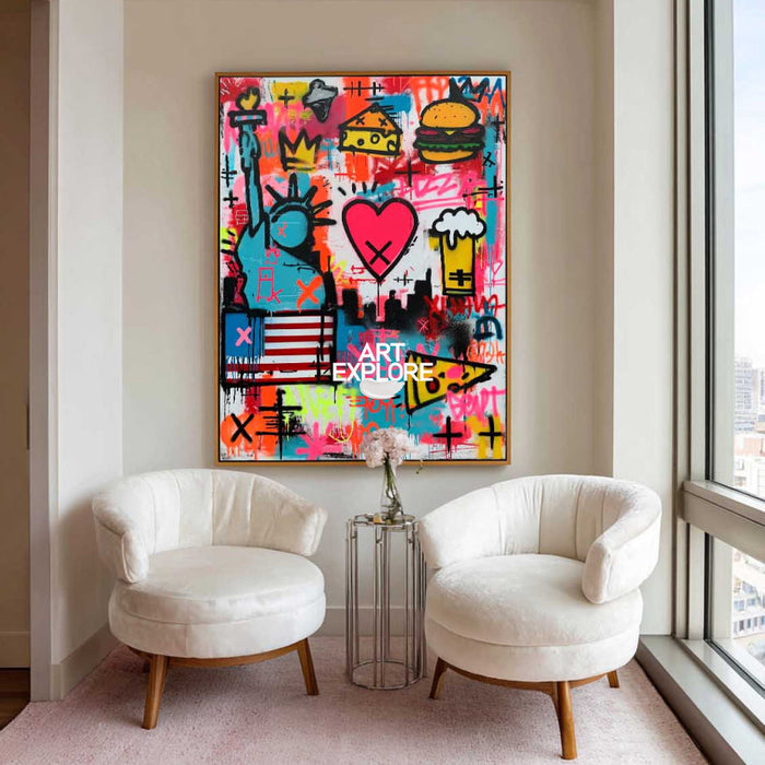 Hand-Painted Urban Graffiti Canvas With Pink Heart And Crown Pop Art