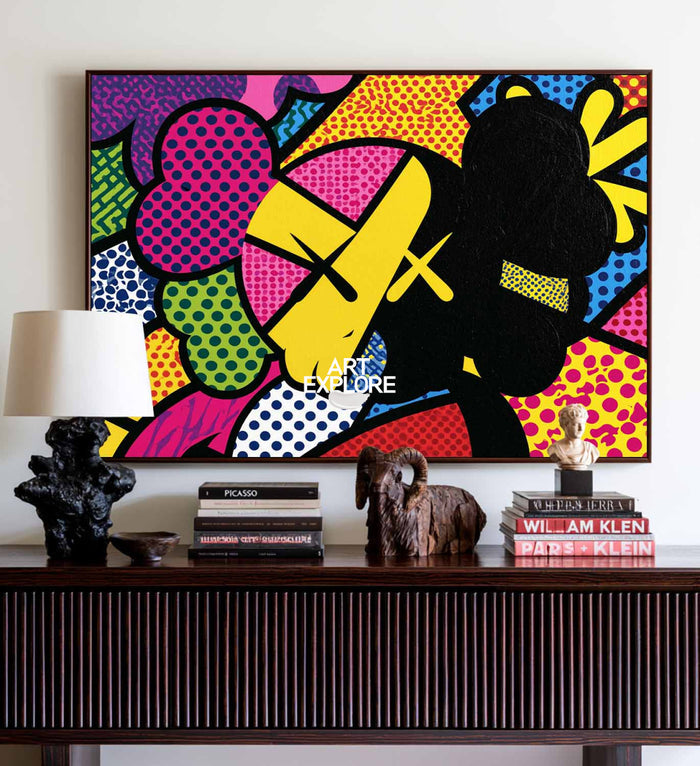 Colorful Pop Art Canvas Painting With Bold Spots And Graphic Lines