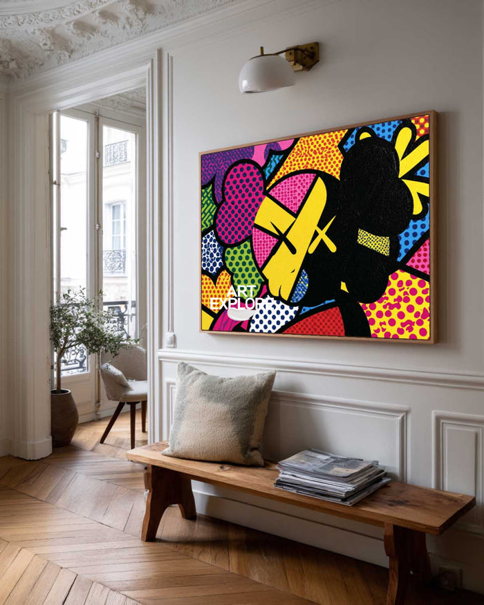 Colorful Pop Art Canvas Painting With Bold Spots And Graphic Lines