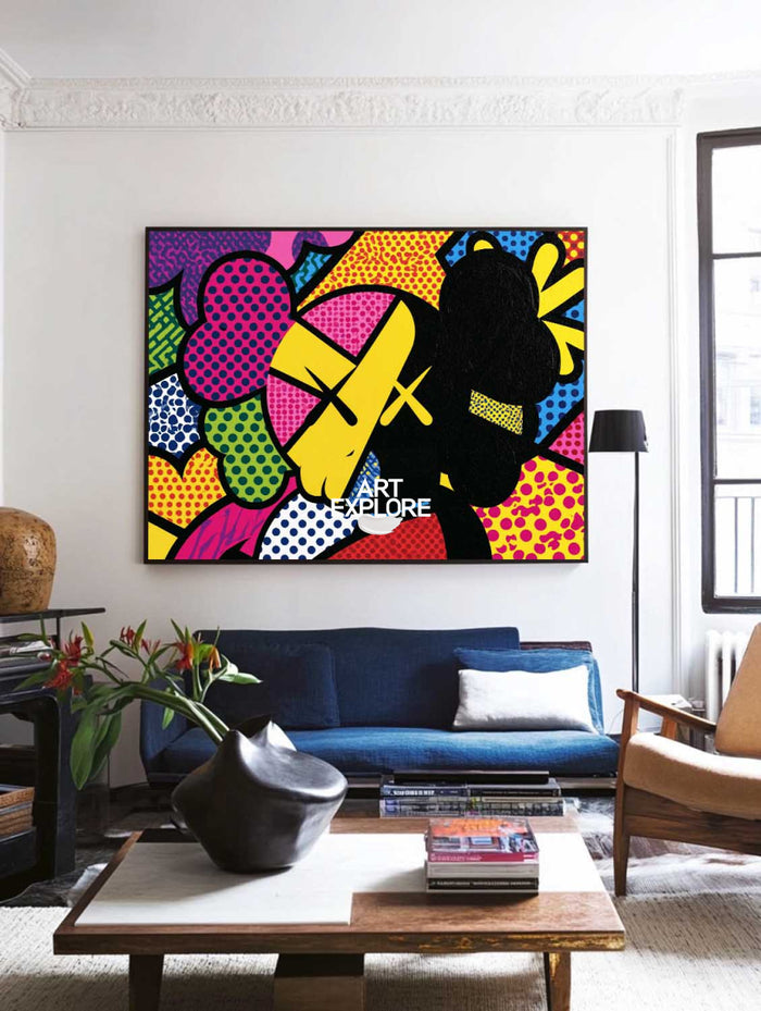 Colorful Pop Art Canvas Painting With Bold Spots And Graphic Lines