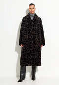 A stylish reversible animal print faux fur coat in black, perfect for winter fashion.