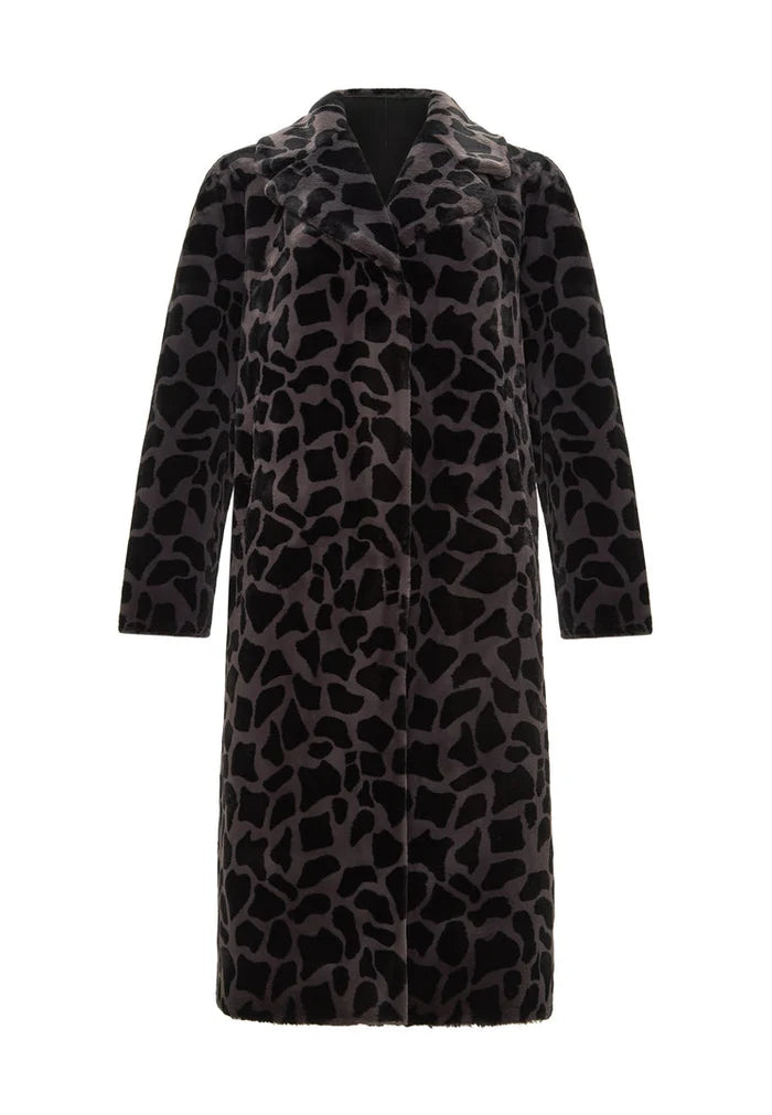 A stylish faux fur Pantera reversible animal print coat in black, a must-have fashion winter outerwear piece.