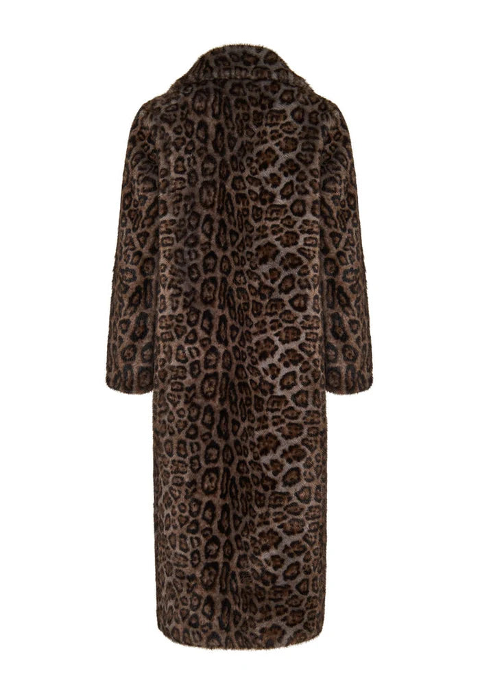 A trendy reversible faux shearling and animal print long coat, perfect for staying warm and stylish this winter.