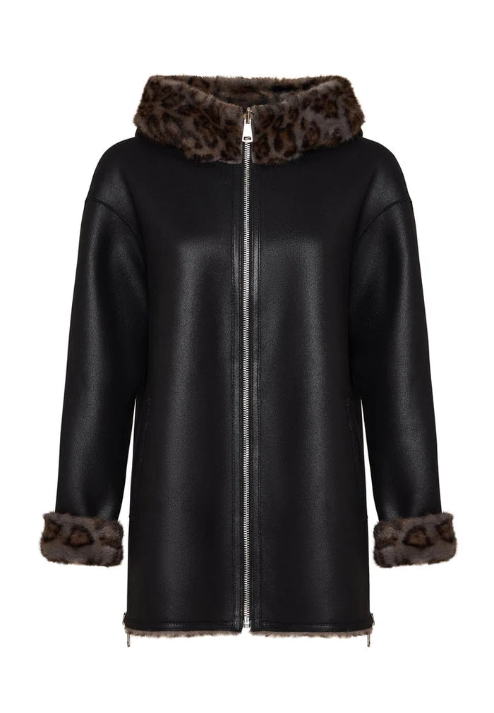 A stylish reversible faux leather jacket with leopard faux fur trim, perfect for the winter season. Ideal for women looking for a trendy animal print trim jacket.