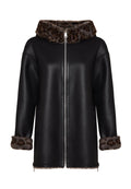 A stylish reversible faux leather jacket with leopard faux fur trim, perfect for the winter season. Ideal for women looking for a trendy animal print trim jacket.
