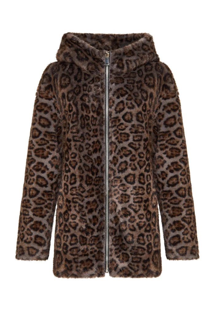 A stylish reversible faux leather jacket with leopard faux fur trim, perfect for upgrading your winter wardrobe.