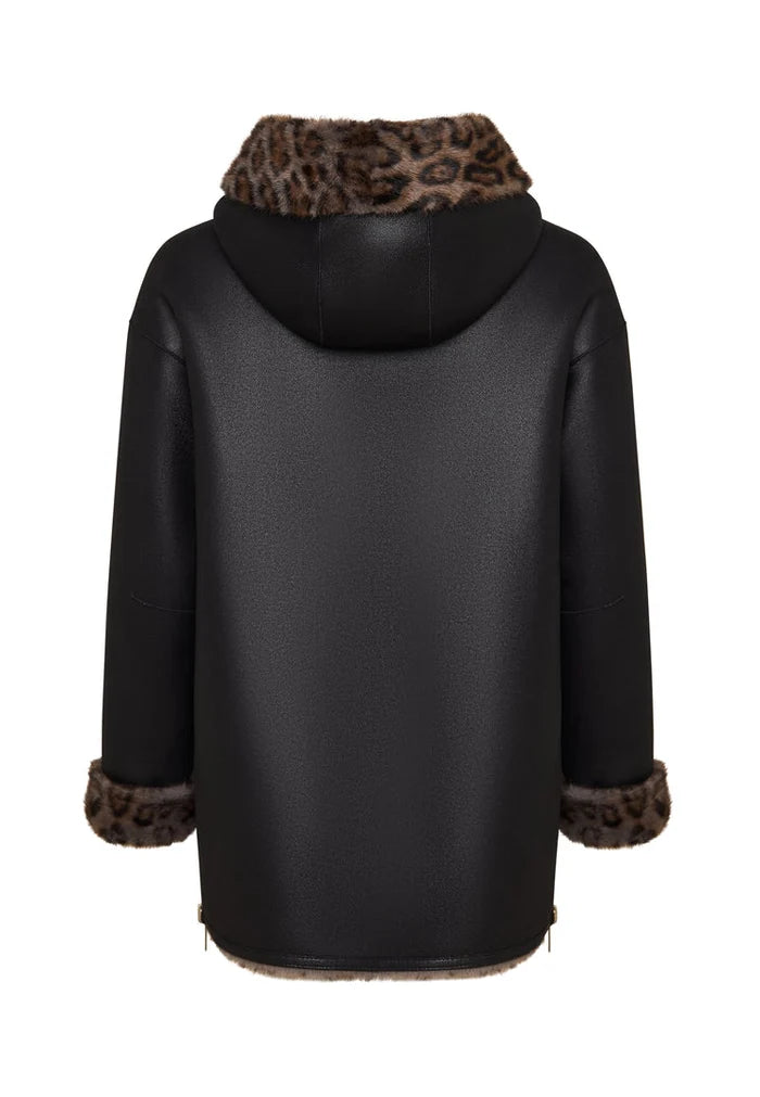 A stylish women's winter jacket with reversible faux leather and leopard faux fur trim, perfect for adding a touch of animal print to your outfit.