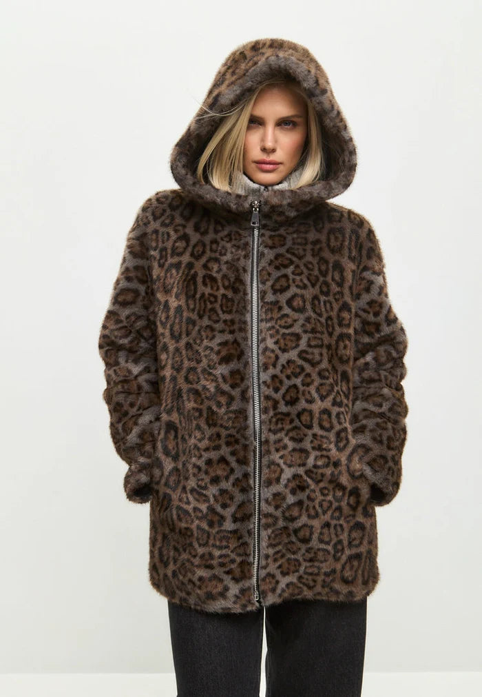 A stylish women's winter jacket featuring reversible faux leather with leopard faux fur trim, perfect for adding a touch of animal print to your outfit.