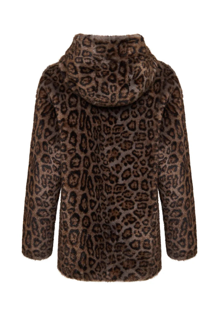 A stylish women's winter jacket featuring a reversible faux leather design with leopard faux fur trim and edgy animal print accents.
