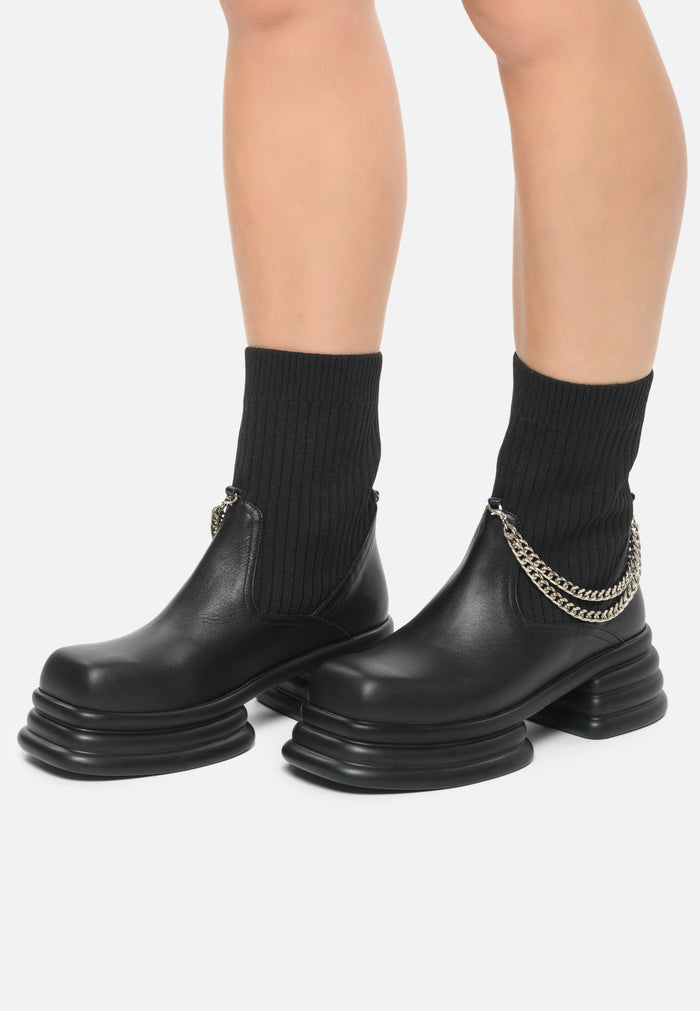Ribbed Sock Ankle Boots with Chain