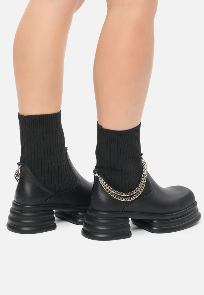 Ribbed Sock Ankle Boots with Chain