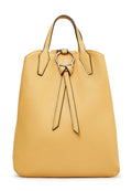 A stylish mustard leather backpack with a ring detail, perfect for adding a luxe touch to your outfit.