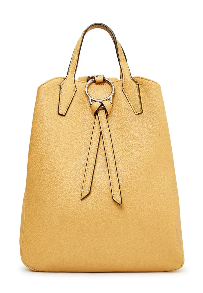 A stylish mustard leather backpack with a ring detail, perfect for adding a luxe touch to your outfit.