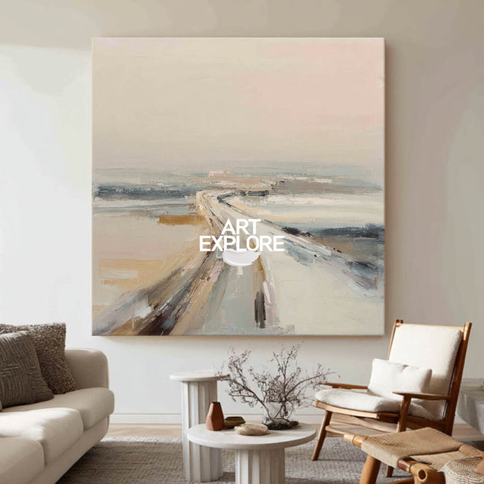 Modern Abstract Road Painting Textured Beige And Grey Square Canvas Art For Living Room