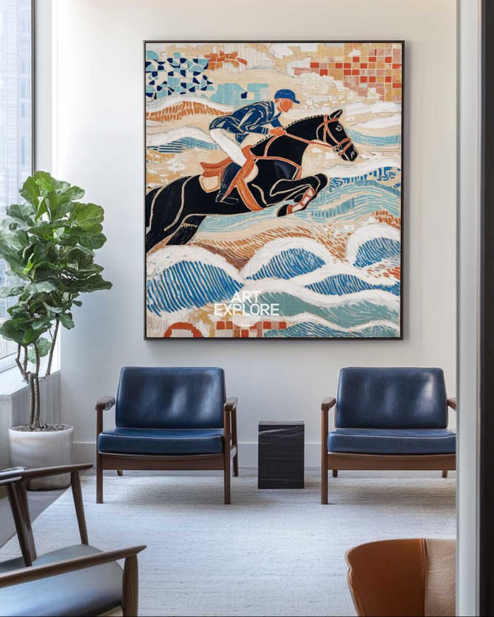 Equestrian Oil Painting | Royal Horse Large Blue Textured Wall Art ArtExplore