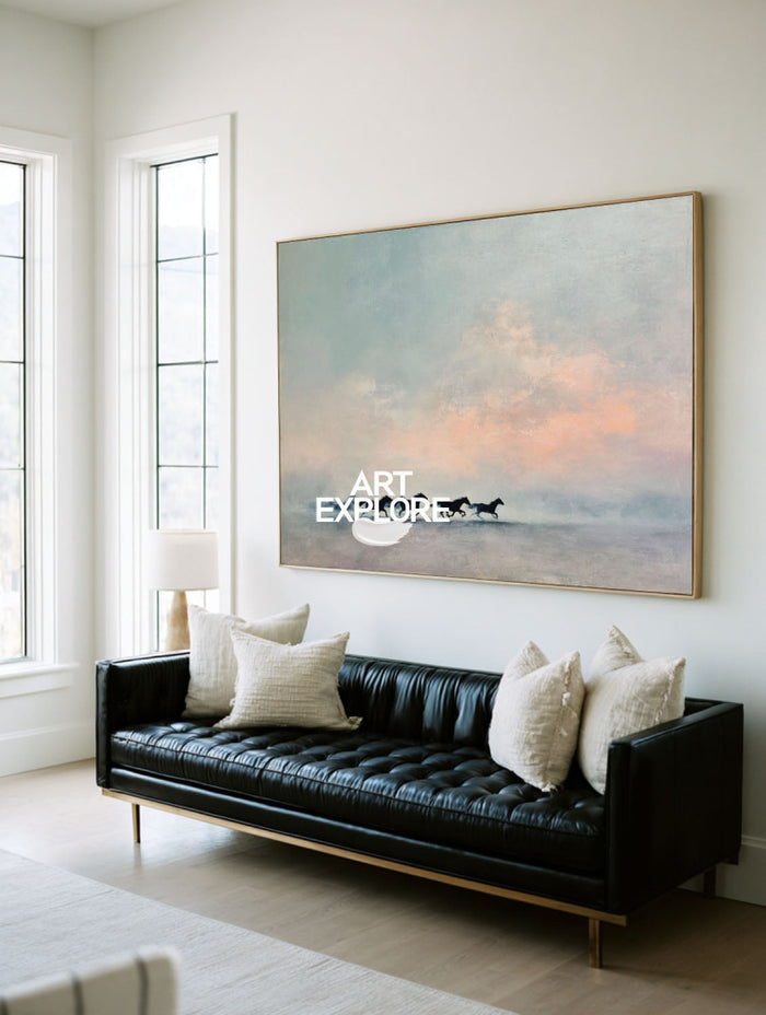 Minimalist Running Horse Painting Textured Blue Grey Wall Art For Living Room