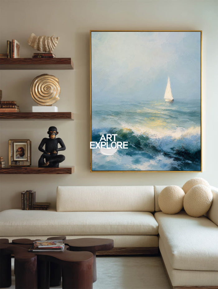 Textured Seascape Oil Painting With Sailboat For Modern Coastal Living Room Decor