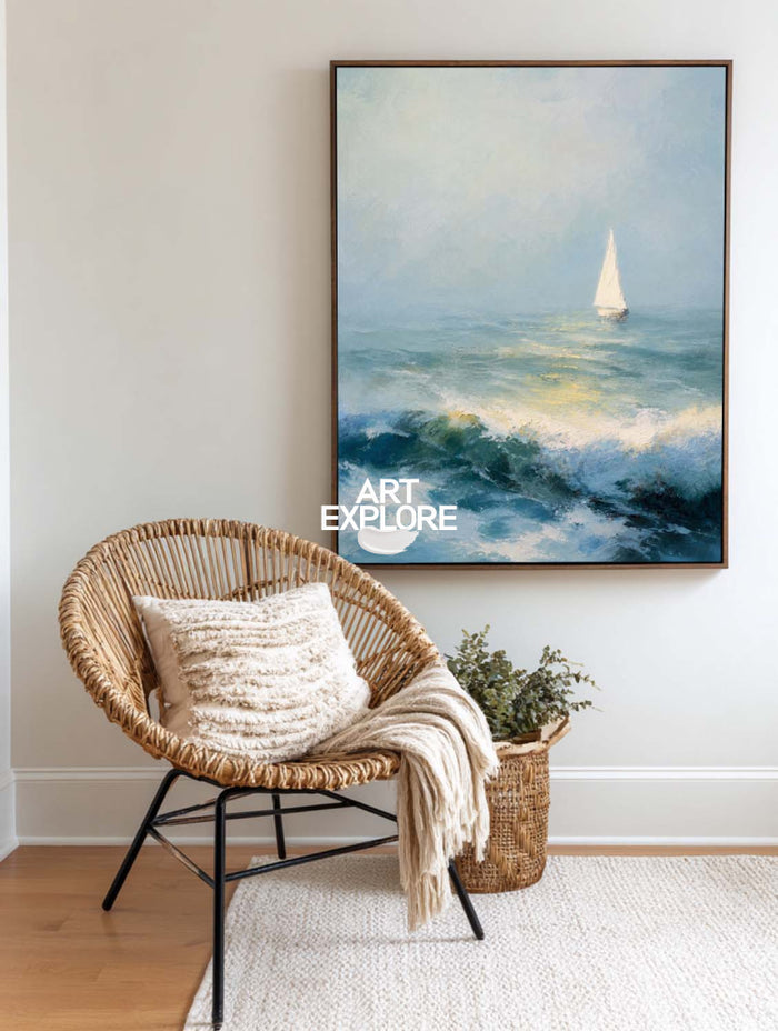 Textured Seascape Oil Painting With Sailboat For Modern Coastal Living Room Decor