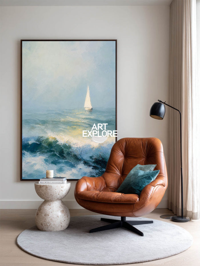 Textured Seascape Oil Painting With Sailboat For Modern Coastal Living Room Decor