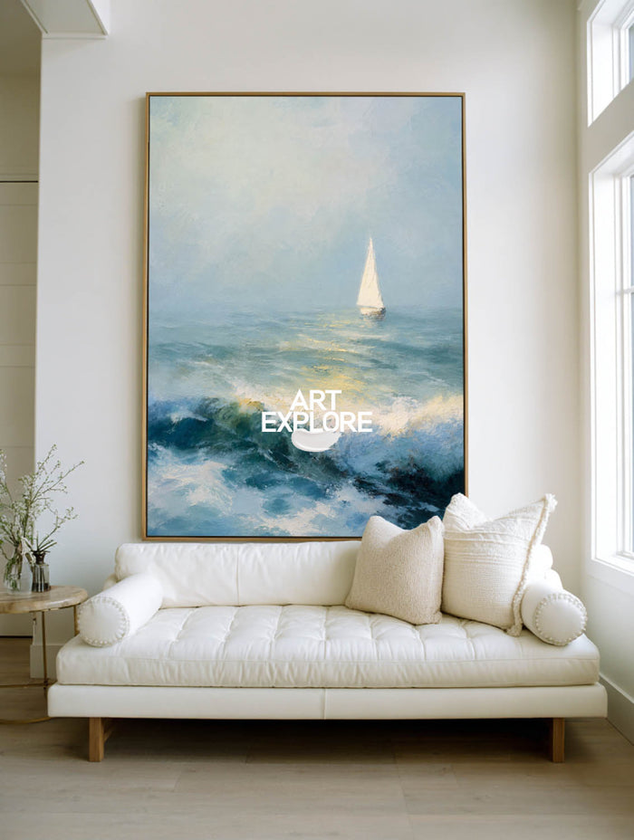 Textured Seascape Oil Painting With Sailboat For Modern Coastal Living Room Decor