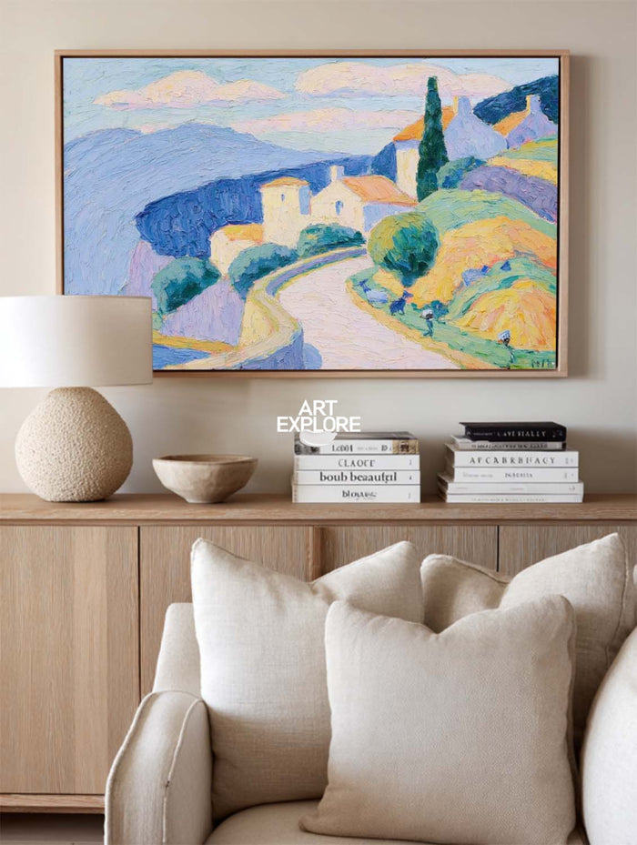 Hand-Painted Seaside Village Landscape Canvas Art With Blue Sky