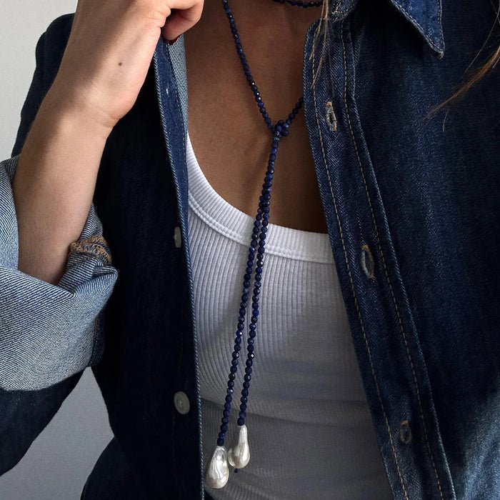 Semi-Precious Pearl Wrap Necklace - Lapis