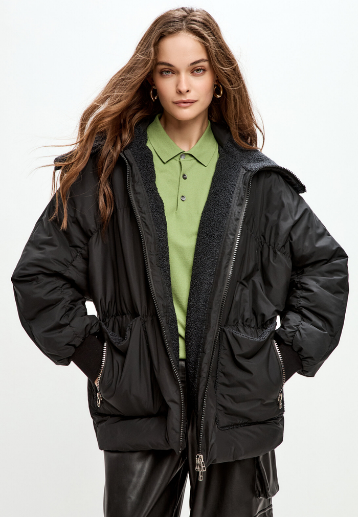 Shearling-Collar Puffer Jacket - Black