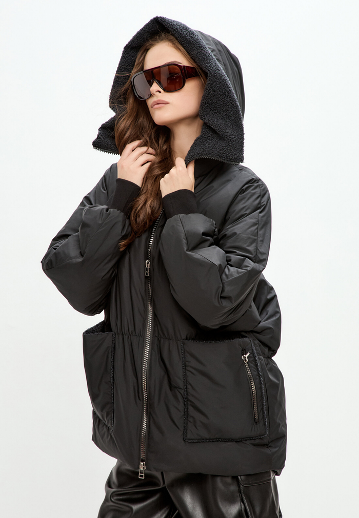 Shearling-Collar Puffer Jacket - Black