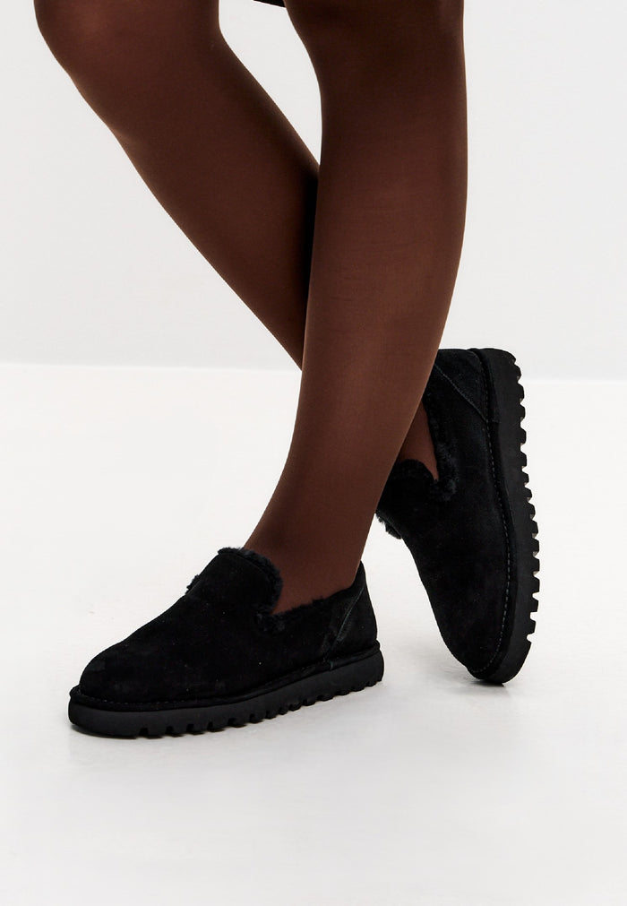 Shearling Suede Slip-On Loafers - Black