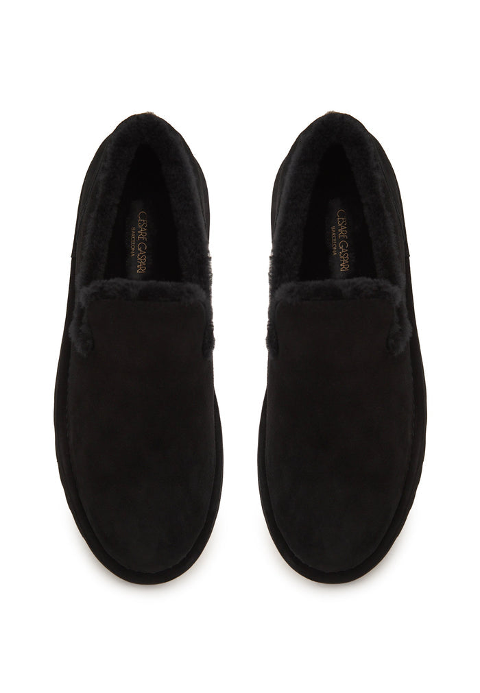 Shearling Suede Slip-On Loafers - Black