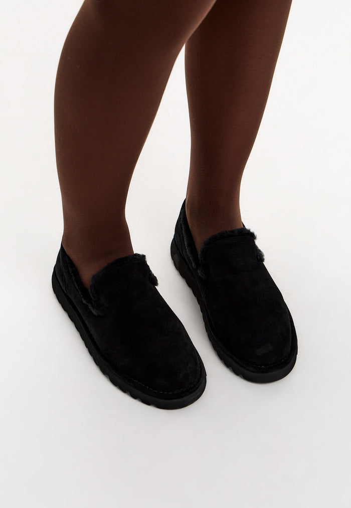 Shearling Suede Slip-On Loafers - Black