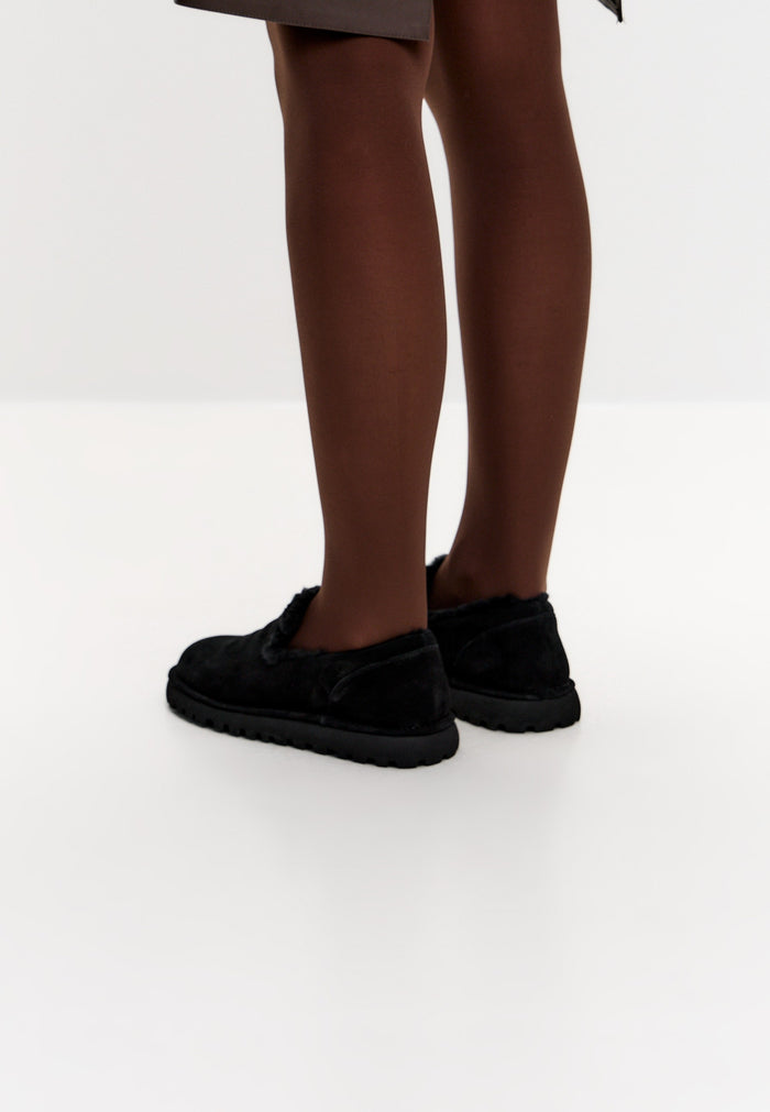 Shearling Suede Slip-On Loafers - Black