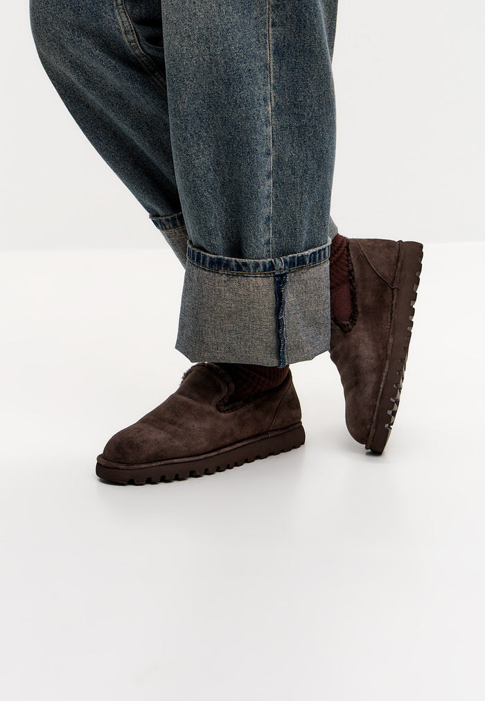 Shearling Suede Slip-On Loafers - Brown