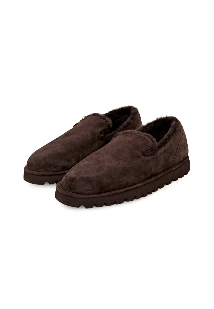 Shearling Suede Slip-On Loafers - Brown