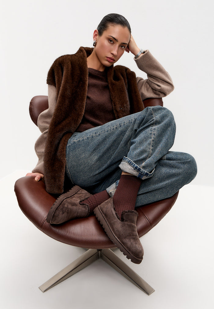 Shearling Suede Slip-On Loafers - Brown