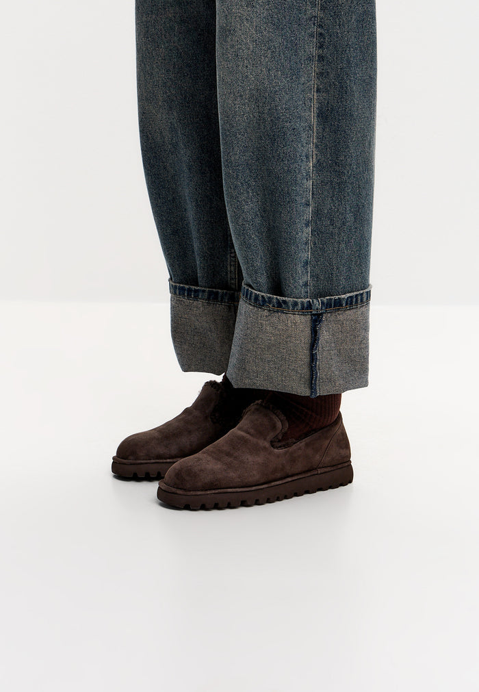 Shearling Suede Slip-On Loafers - Brown
