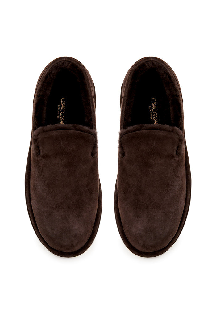 Shearling Suede Slip-On Loafers - Brown