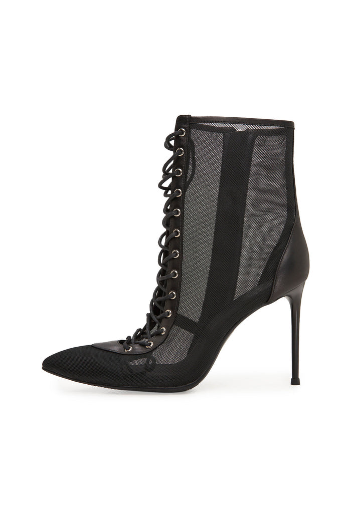 Sheer Lace-Up Stiletto Ankle Boots – Black