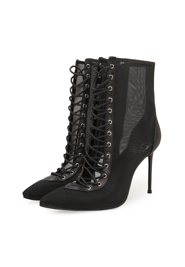 Sheer Lace-Up Stiletto Ankle Boots – Black