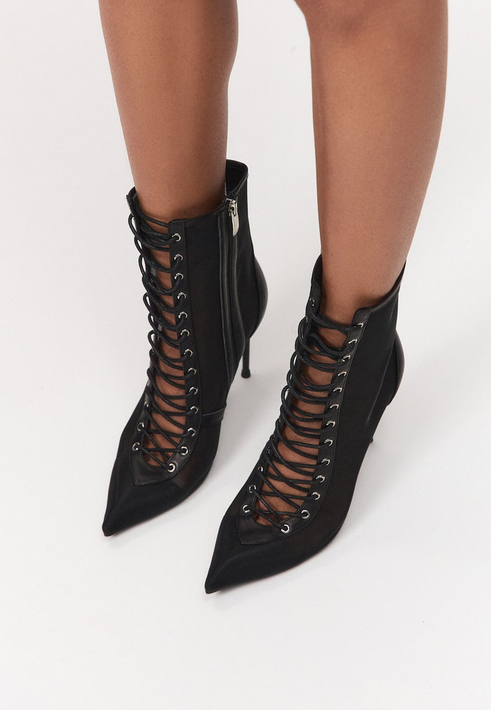 Sheer Lace-Up Stiletto Ankle Boots – Black