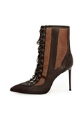 Sheer Lace-Up Stiletto Ankle Boots – Brown