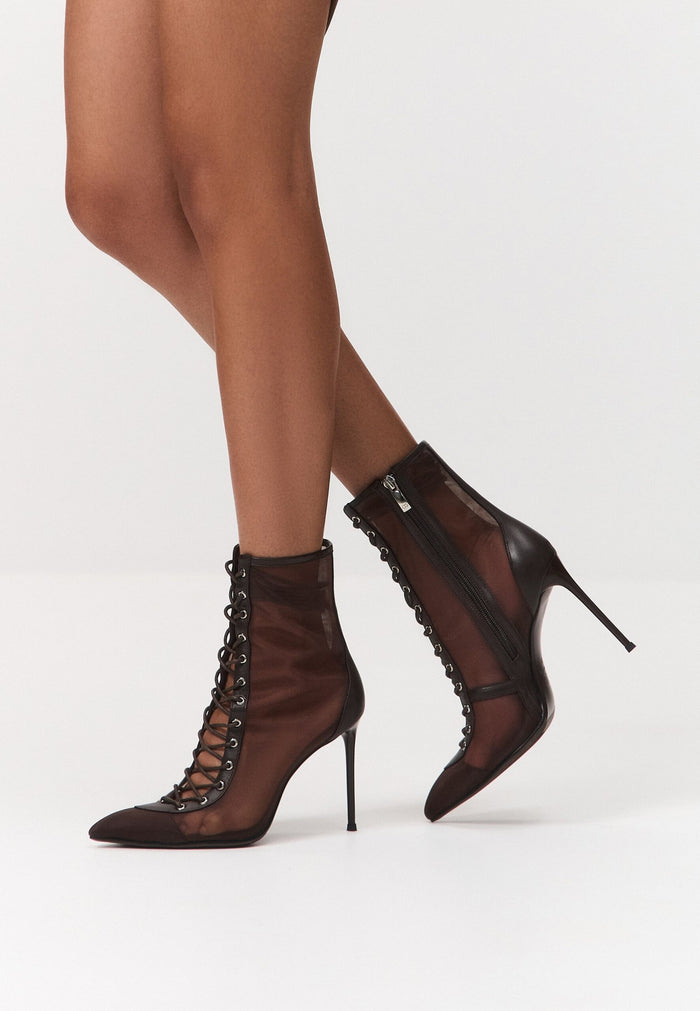 Sheer Lace-Up Stiletto Ankle Boots – Brown