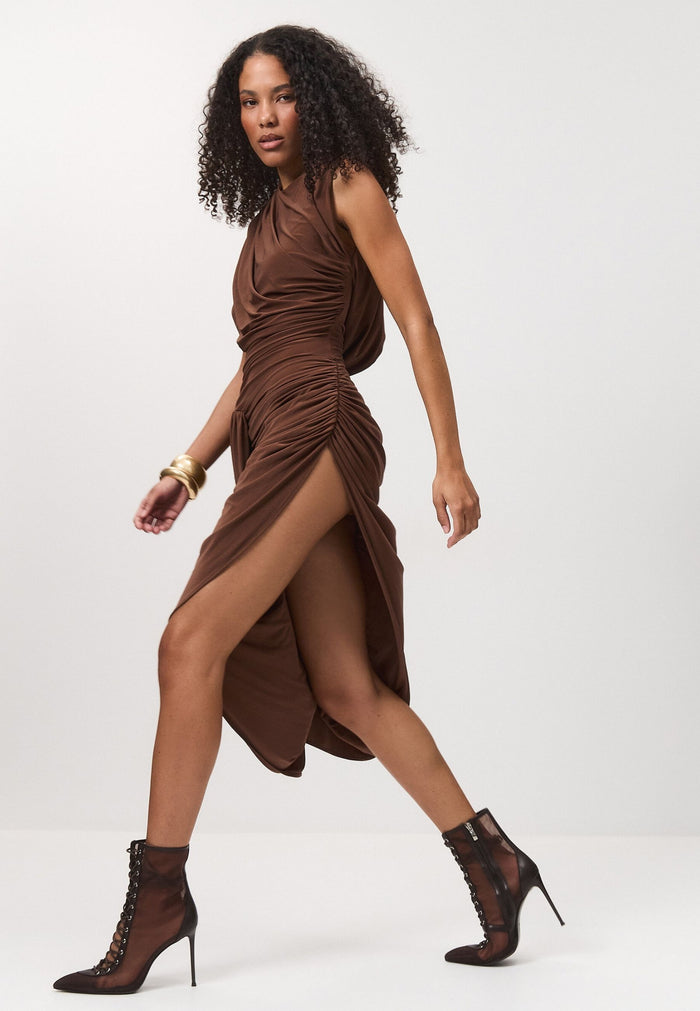 Sheer Lace-Up Stiletto Ankle Boots – Brown